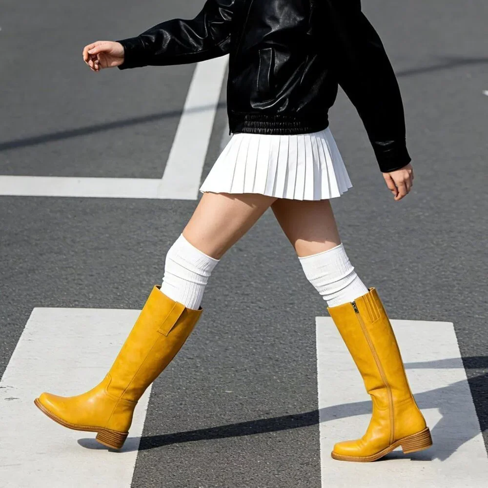 Women's Yellow Square Toe Chunky Heel Slip-On Pu Leather Knee-high Boots